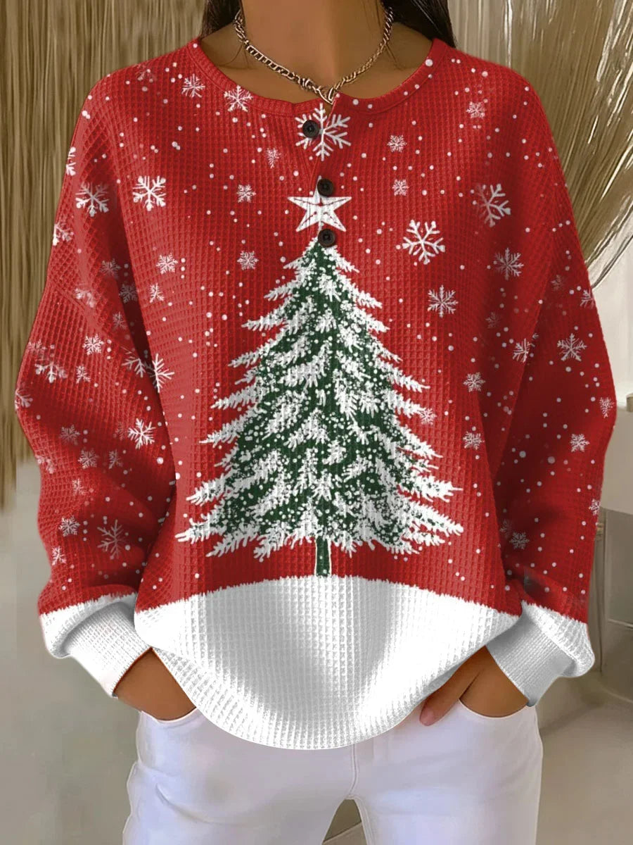 Women's knit button-front crew neck jumper with christmas tree graphic