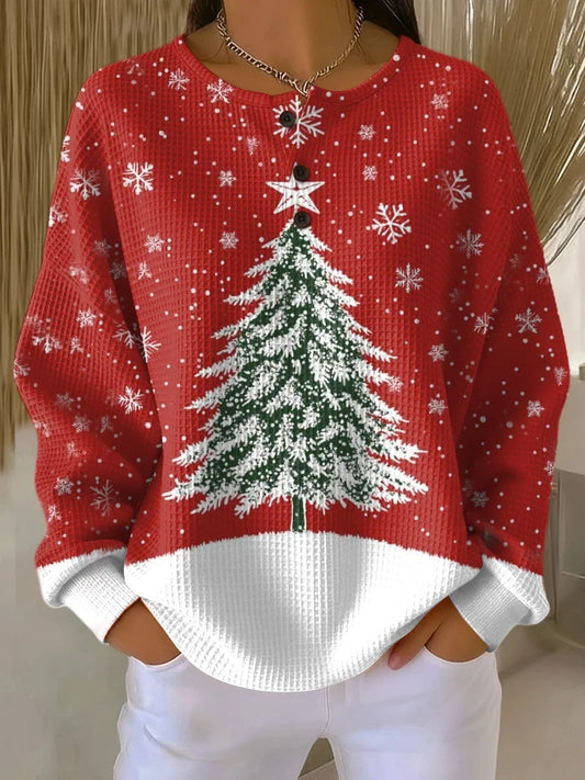 Women's knit button-front crew neck jumper with christmas tree graphic