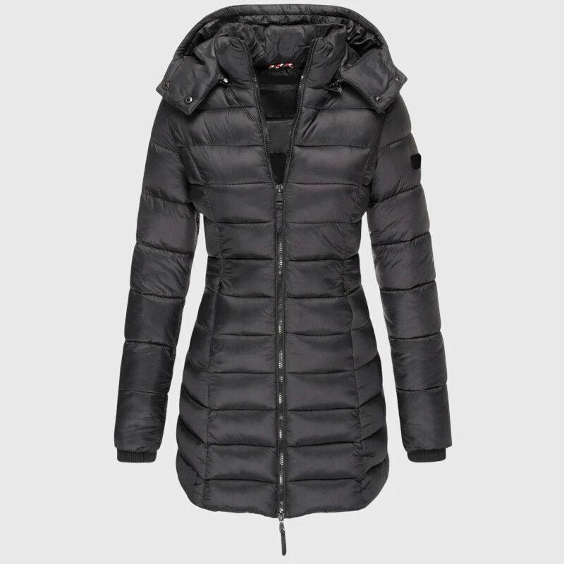 Women's long down jacket with weather-ready hood – Black