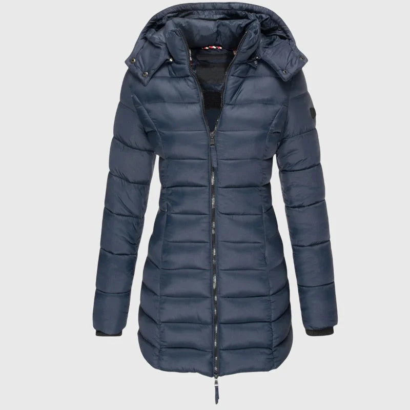 Women's long down jacket with weather-ready hood – Blue