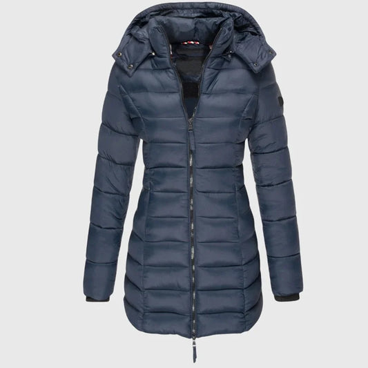 Women's long down jacket with weather-ready hood – Blue