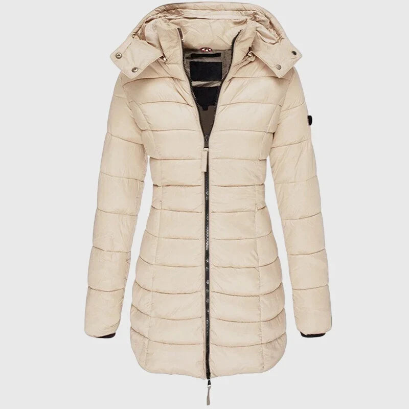 Women's long down jacket with weather-ready hood – Ivory