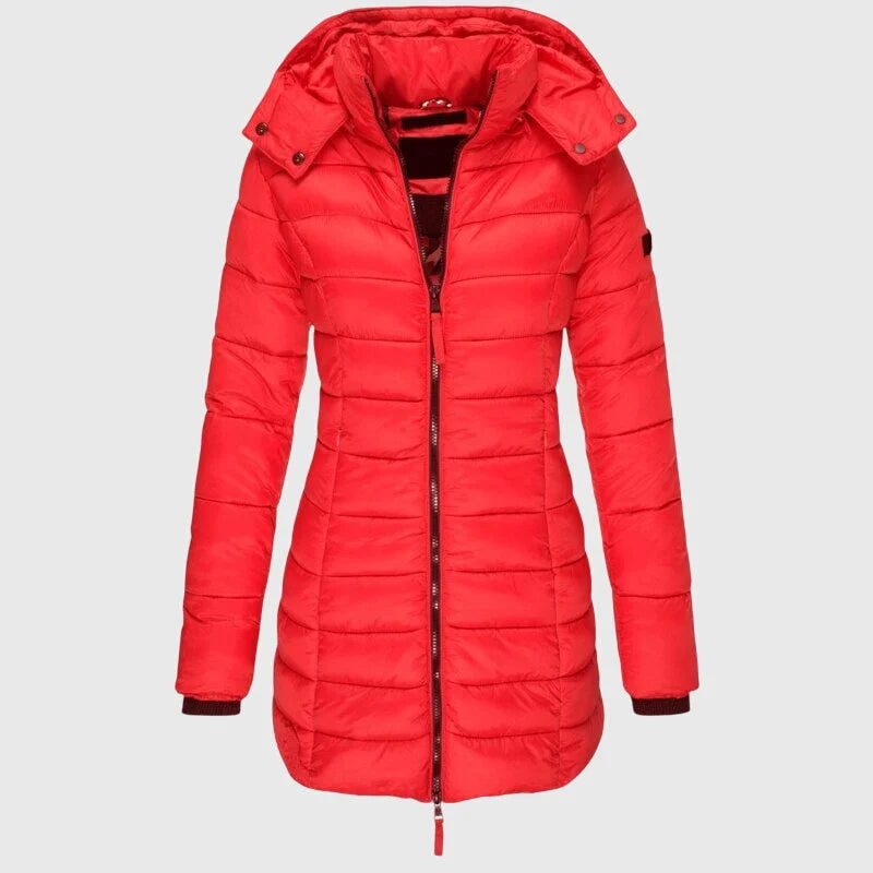 Women's long down jacket with weather-ready hood – Red