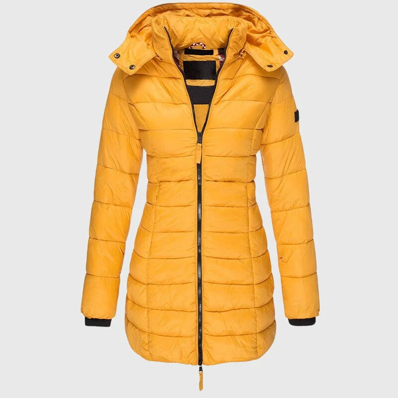 Women's long down jacket with weather-ready hood – Yellow