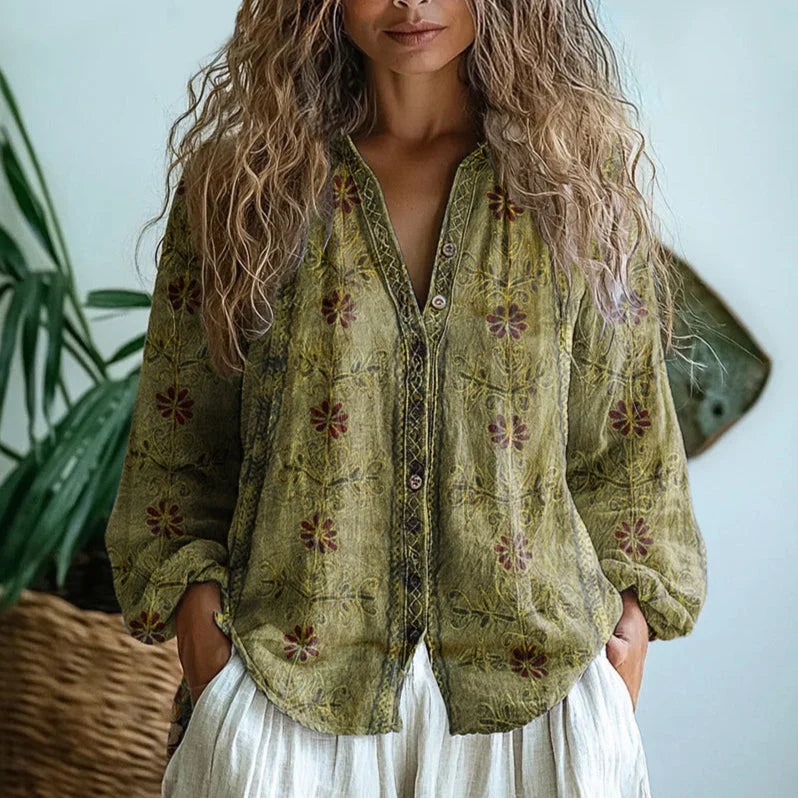 Women's long sleeve V-neck embroidered blouse – Green