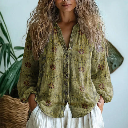Women's long sleeve V-neck embroidered blouse – Green