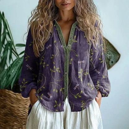Women's long sleeve V-neck embroidered blouse – Purple