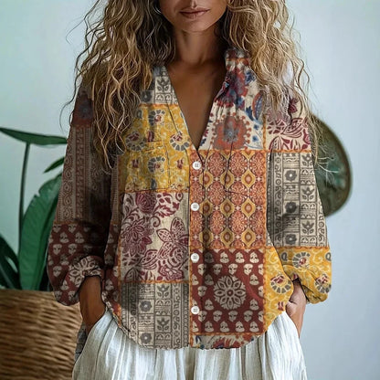 Women's long sleeve V-neck embroidered blouse – Yellow