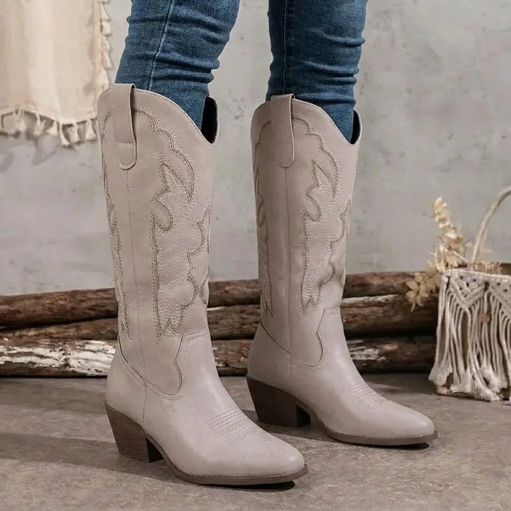 Women's embroidered cowgirl boots with block heel detail