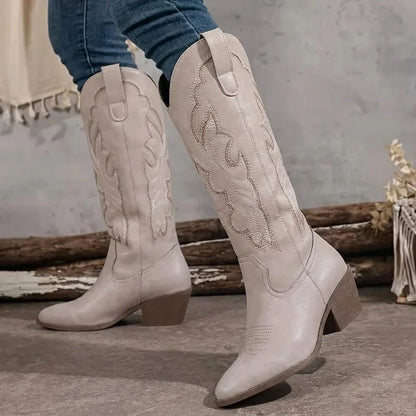 Women's embroidered cowgirl boots with block heel detail – Beige