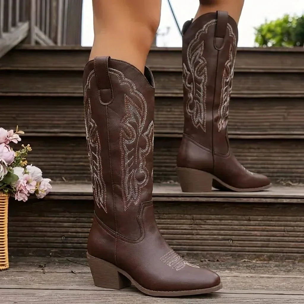 Women's embroidered cowgirl boots with block heel detail – Brown