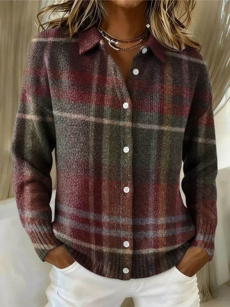 Women's checked wool-blend knit blouse with classic collar – MultiColour