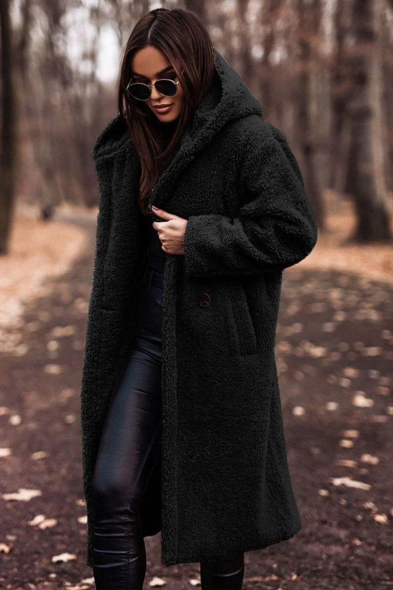 Women's wool-blend knee-length coat with hood detail – Black