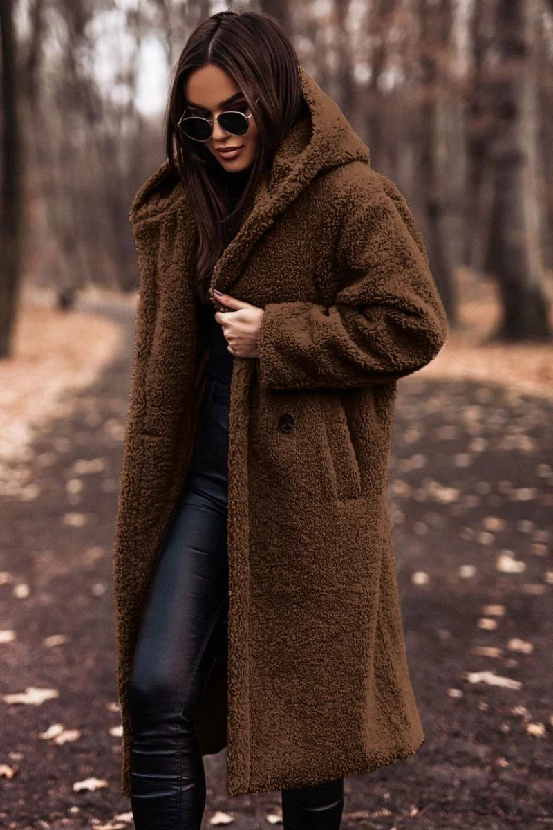 Women's wool-blend knee-length coat with hood detail – Brown