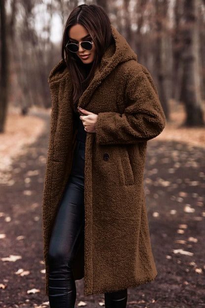 Women's wool-blend knee-length coat with hood detail – Brown