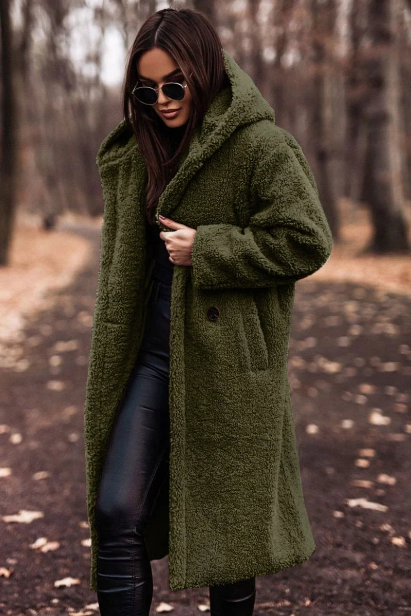 Women's wool-blend knee-length coat with hood detail – Green