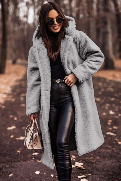 Women's wool-blend knee-length coat with hood detail – Grey