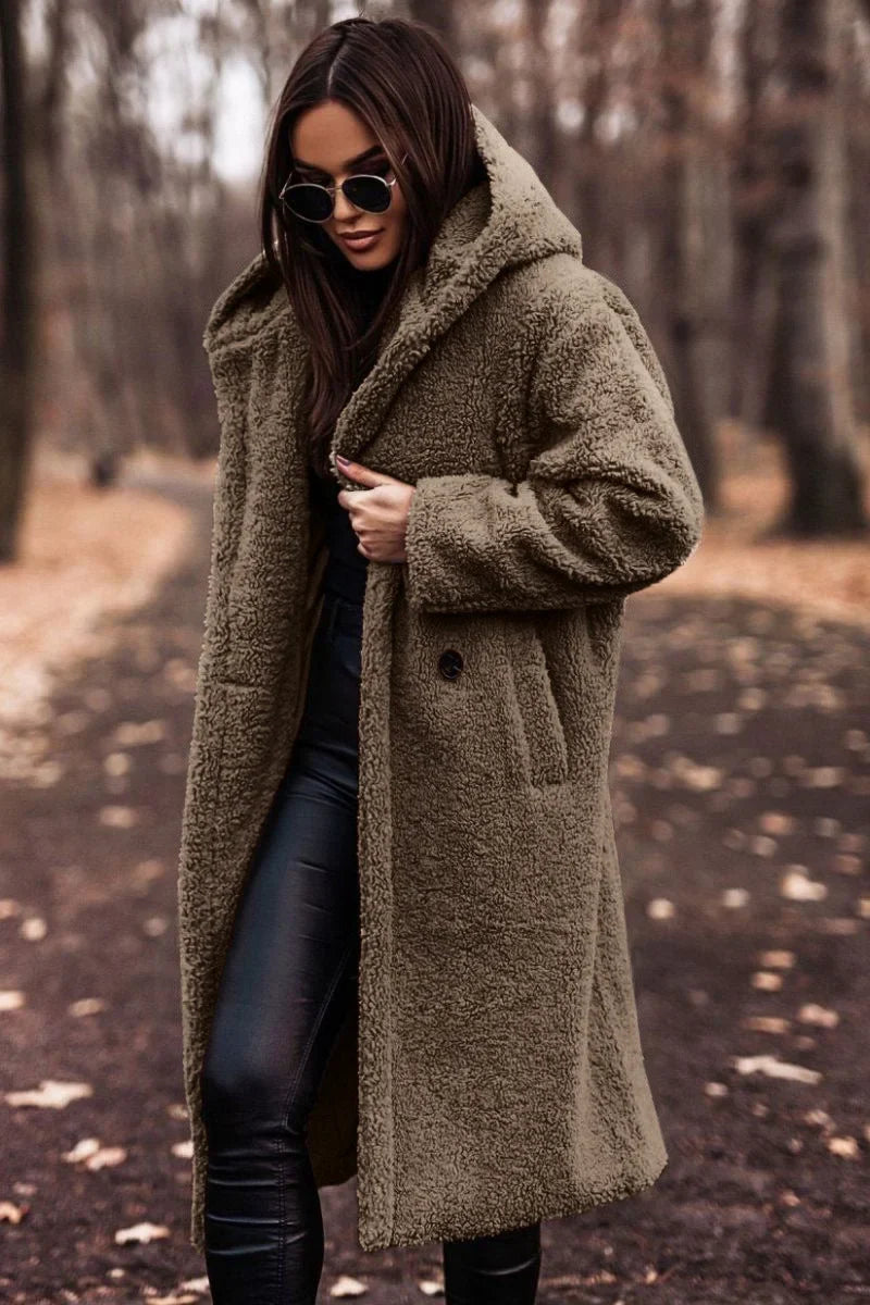 Women's wool-blend knee-length coat with hood detail – Khaki