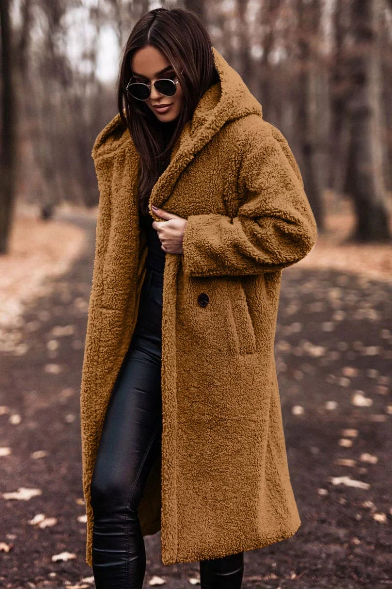 Women's wool-blend knee-length coat with hood detail – Light Brown