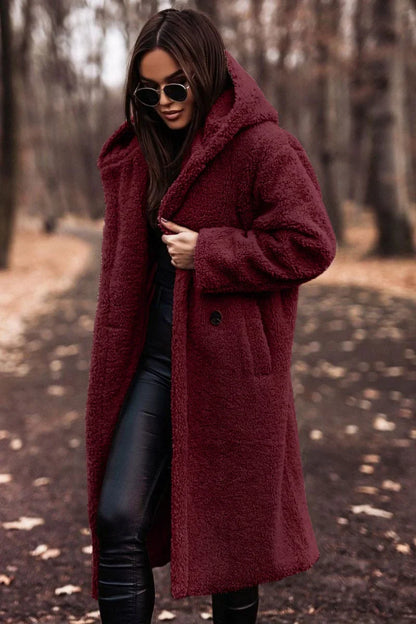 Women's wool-blend knee-length coat with hood detail – Red