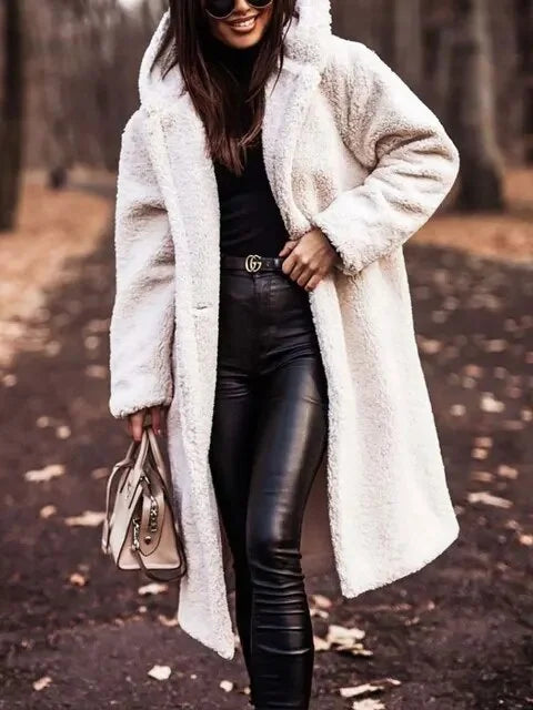 Women's wool-blend knee-length coat with hood detail – White