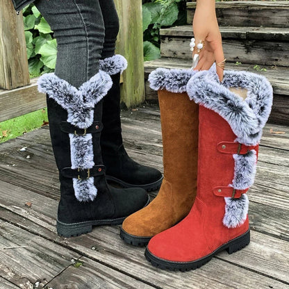 Women's faux suede knee-high boots with fur trim and buckle