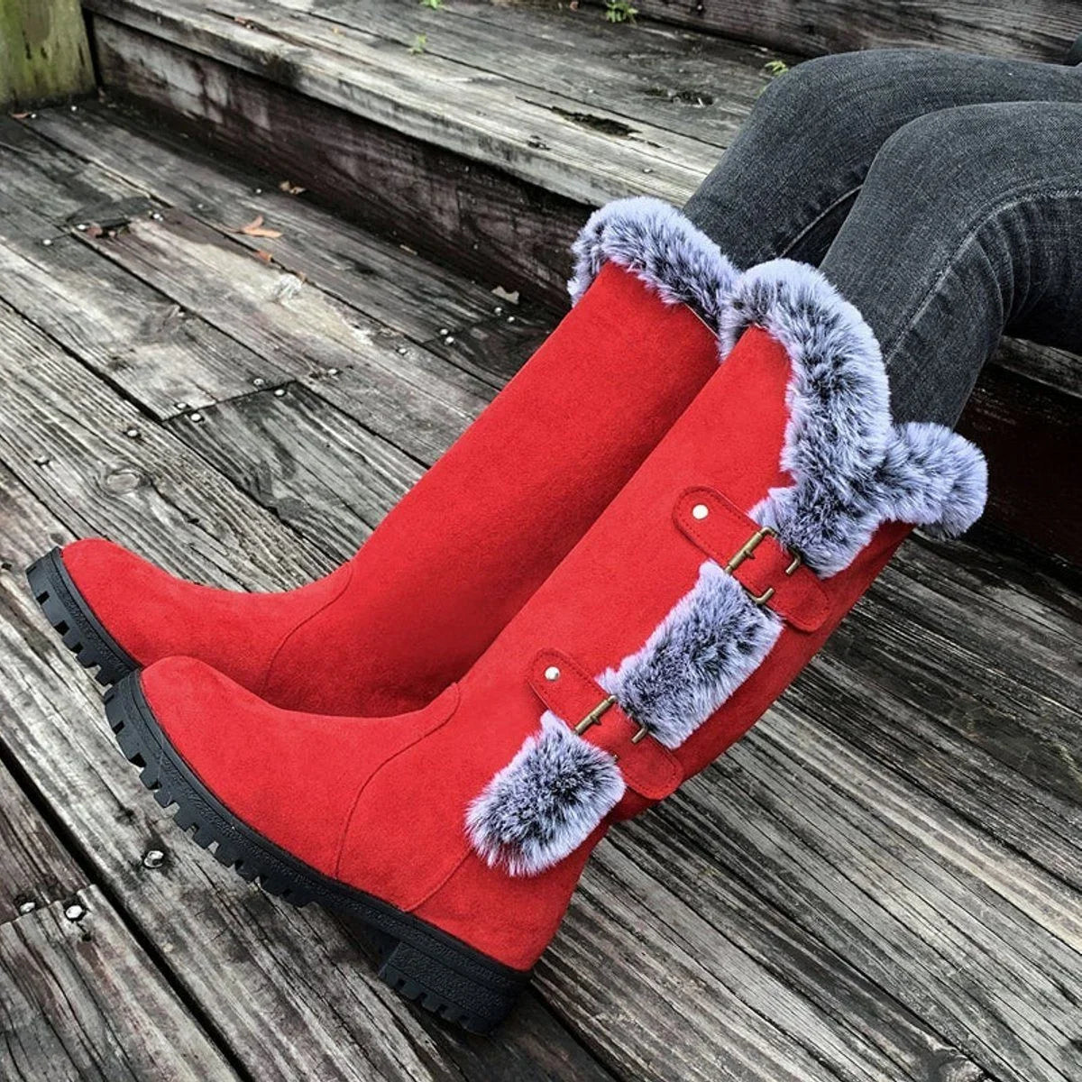 Women's faux suede knee-high boots with fur trim and buckle