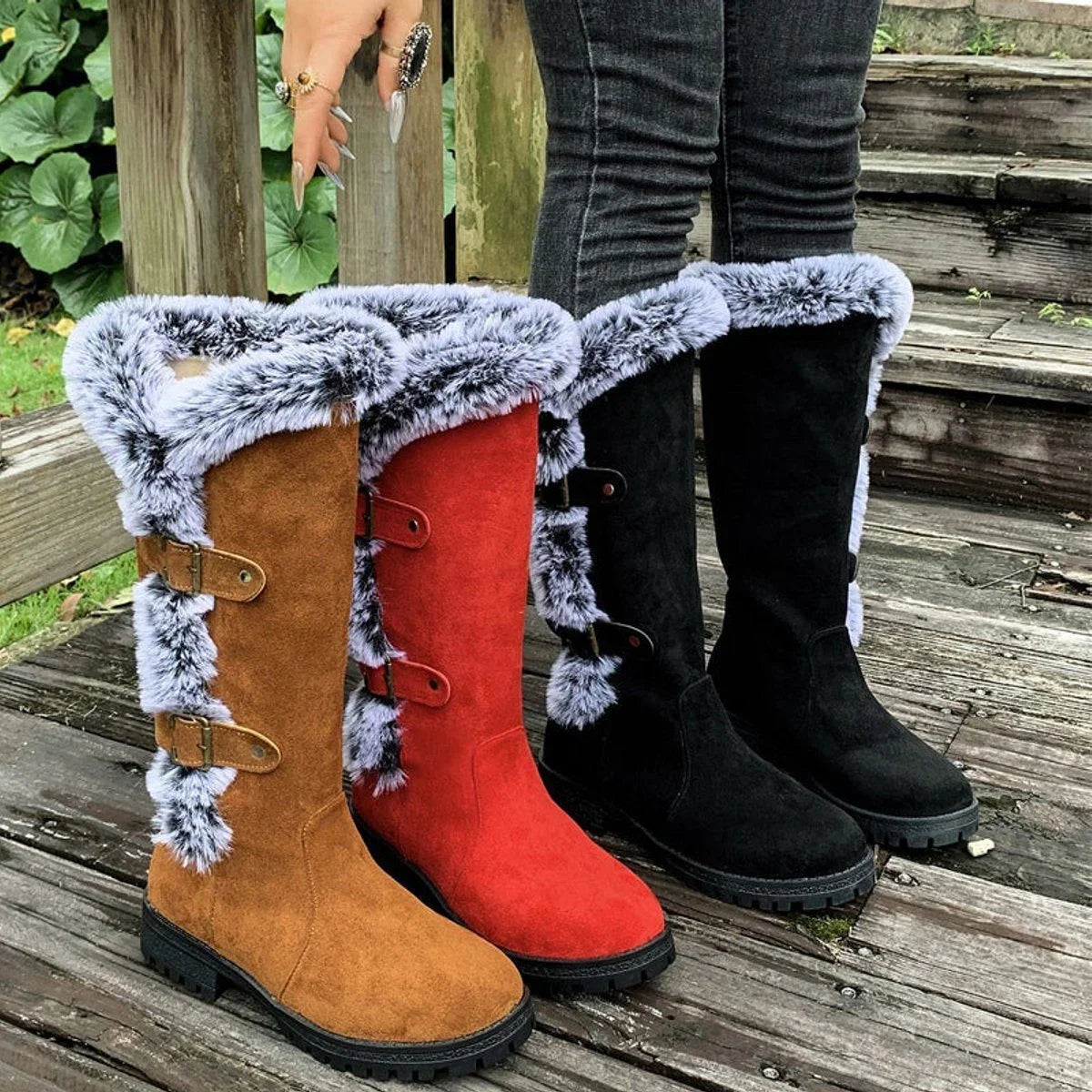 Women's faux suede knee-high boots with fur trim and buckle