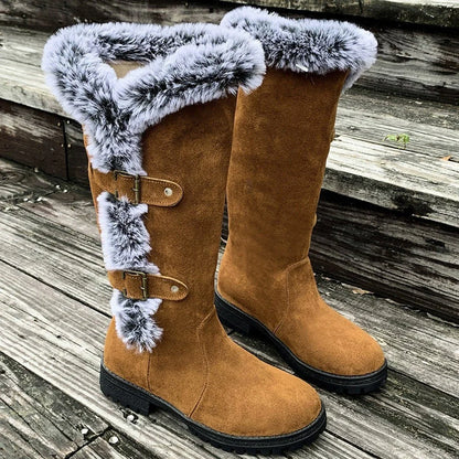 Women's faux suede knee-high boots with fur trim and buckle