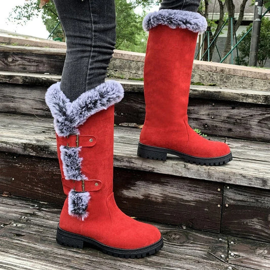 Women's faux suede knee-high boots with fur trim and buckle