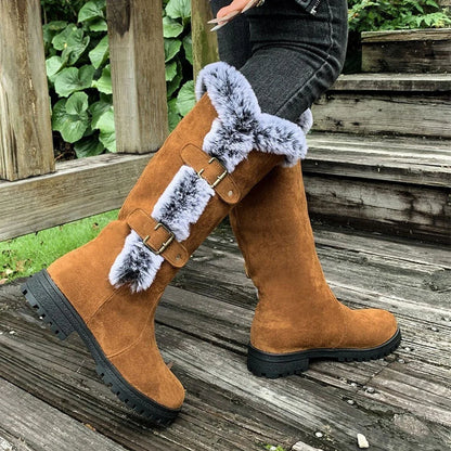 Women's faux suede knee-high boots with fur trim and buckle