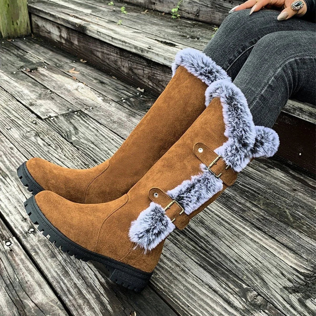 Women's faux suede knee-high boots with fur trim and buckle