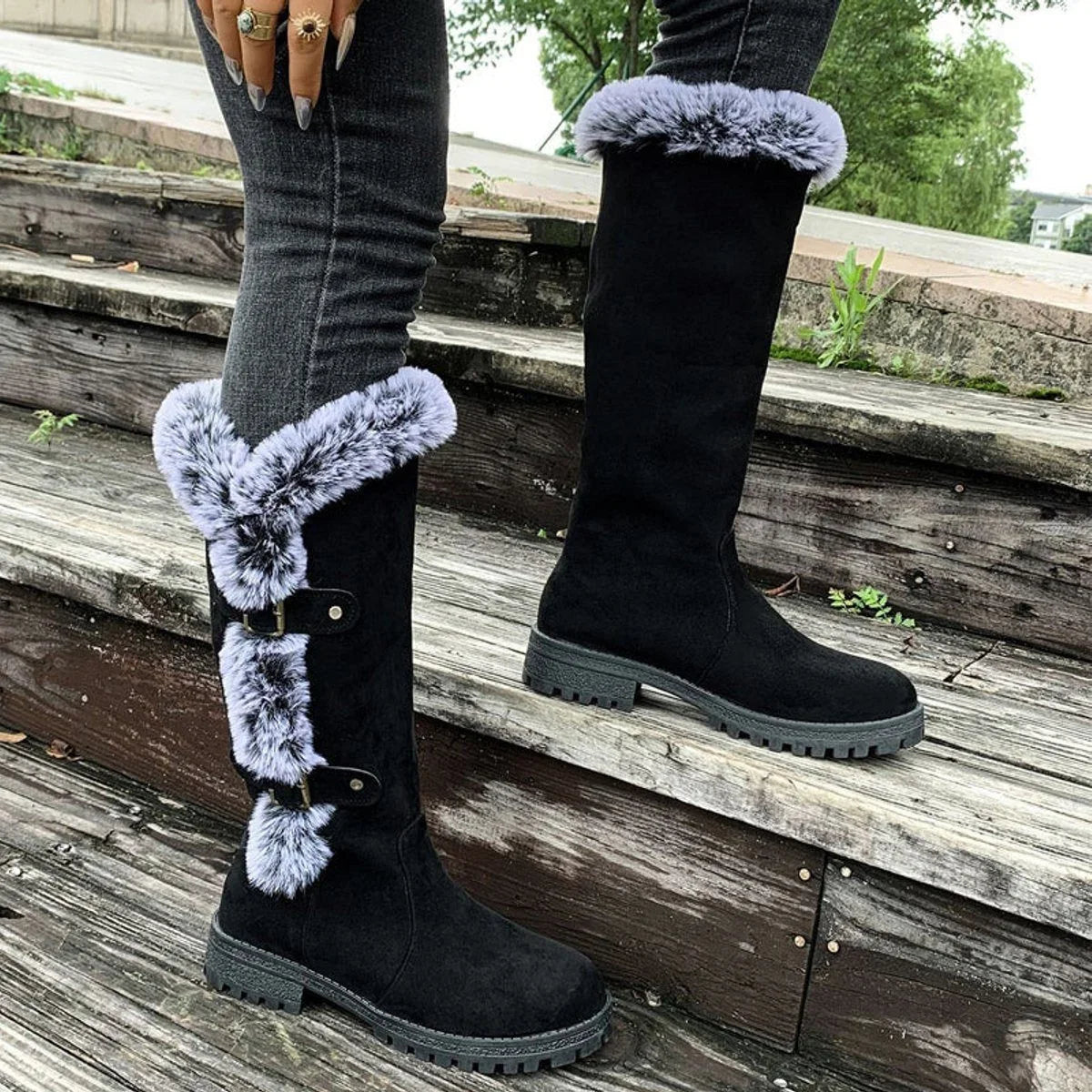 Women's faux suede knee-high boots with fur trim and buckle
