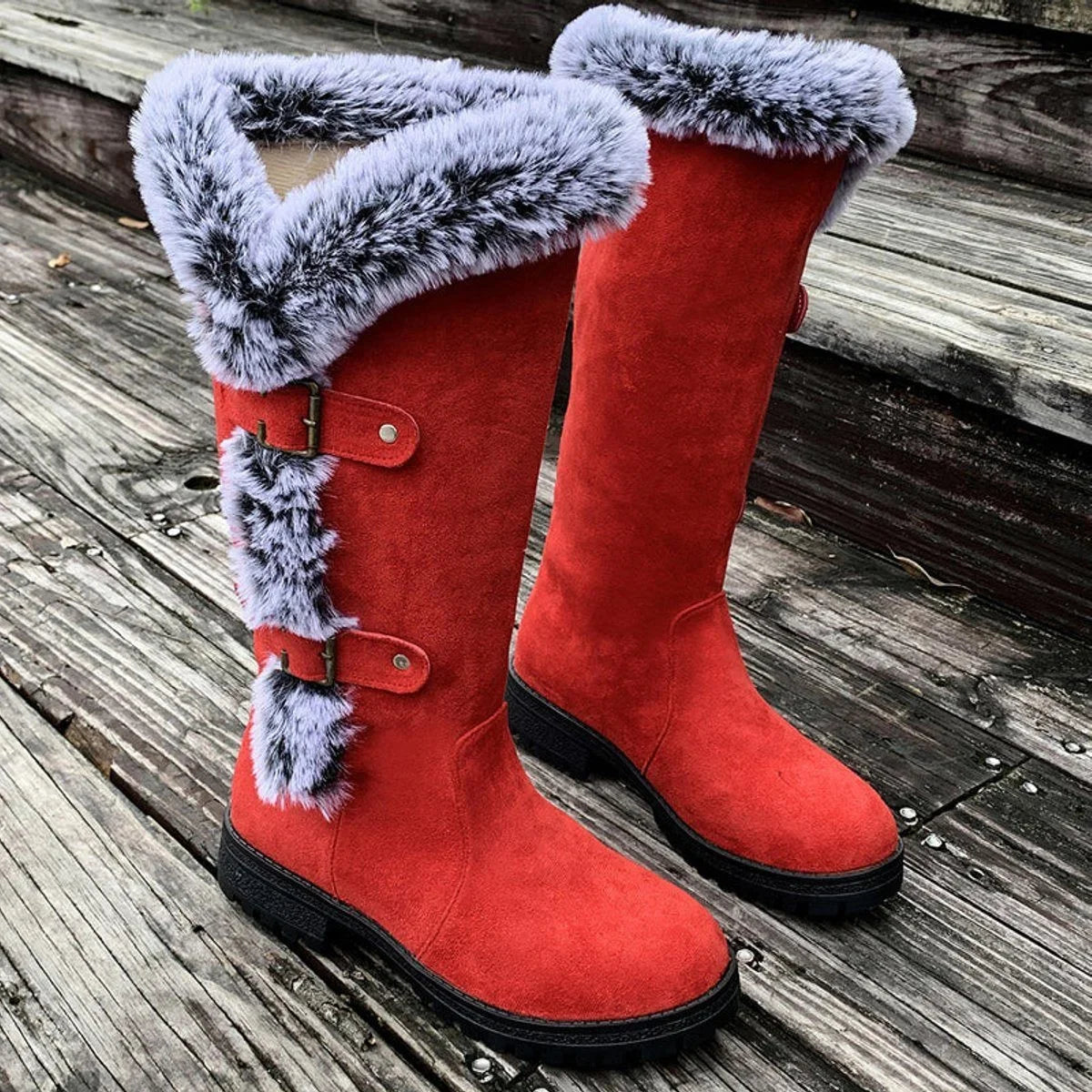 Women's faux suede knee-high boots with fur trim and buckle – Red