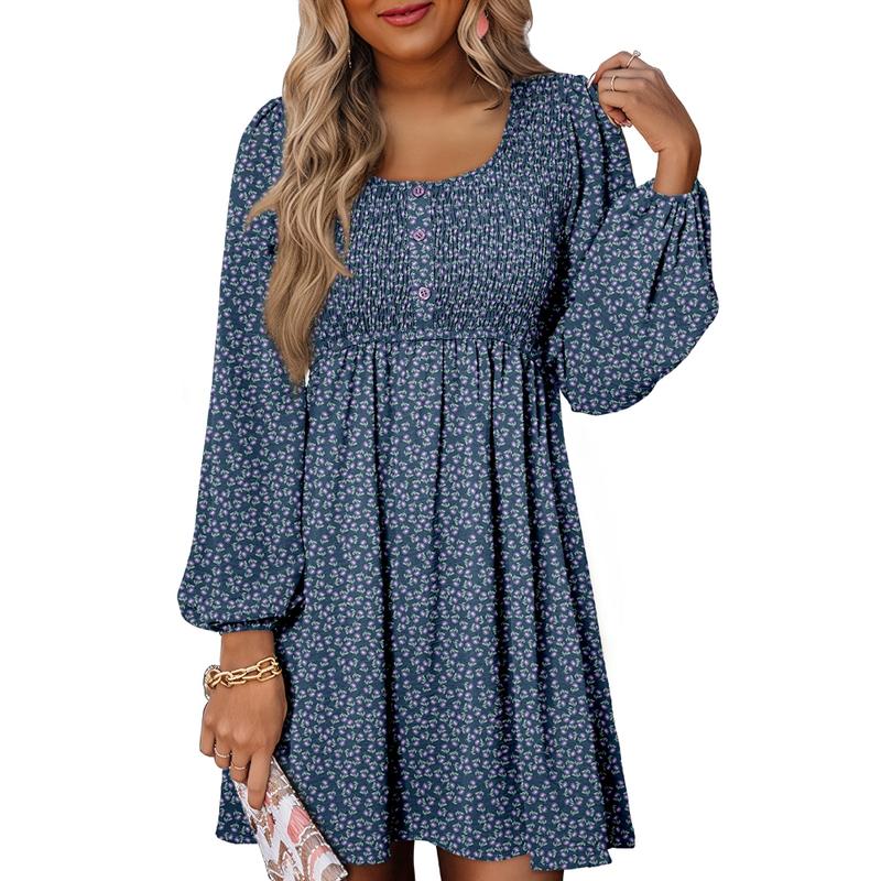Women's smocked empire-waist long-sleeve mini dress with square-neck and button-front – Blue