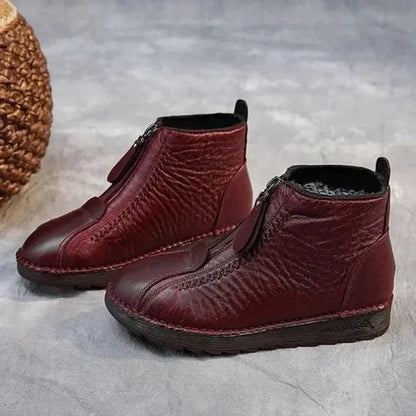Women's fleece-lined leather ankle boots with zip closure – Red