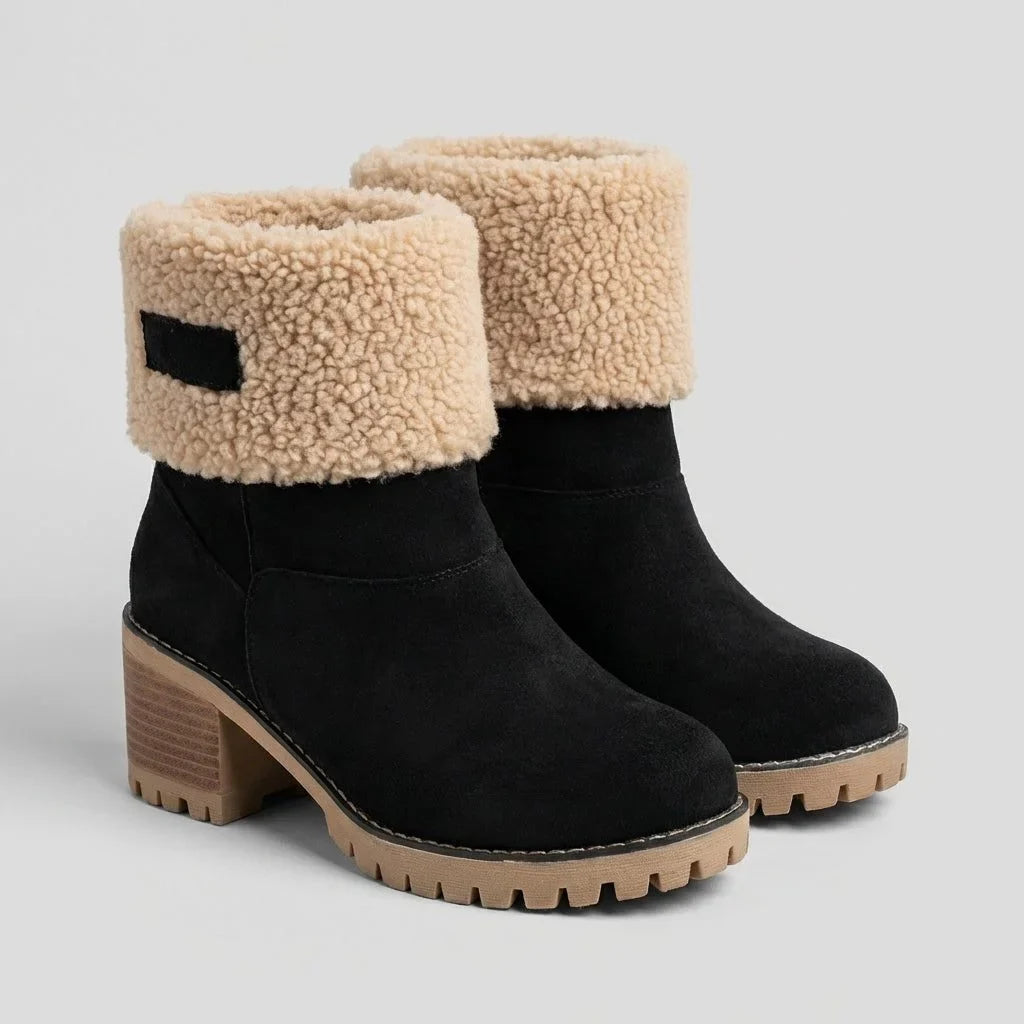 Women's suede ankle boots with lug sole and sherpa cuff
