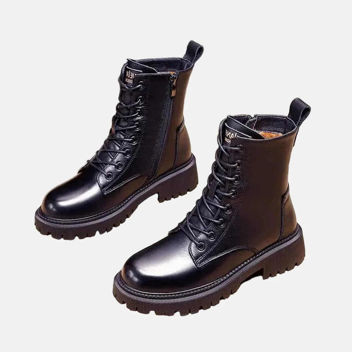Women's faux leather combat ankle boots with fleece lining – Black