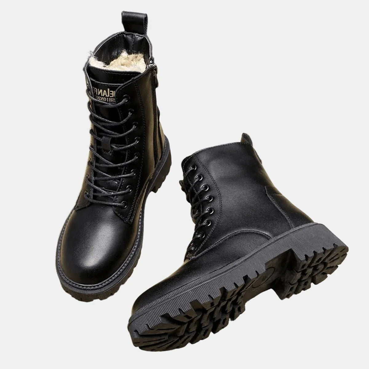 Women's faux leather combat ankle boots with fleece lining – Black