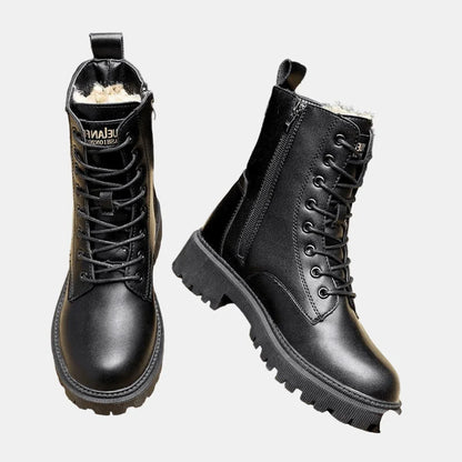 Women's faux leather combat ankle boots with fleece lining – Black