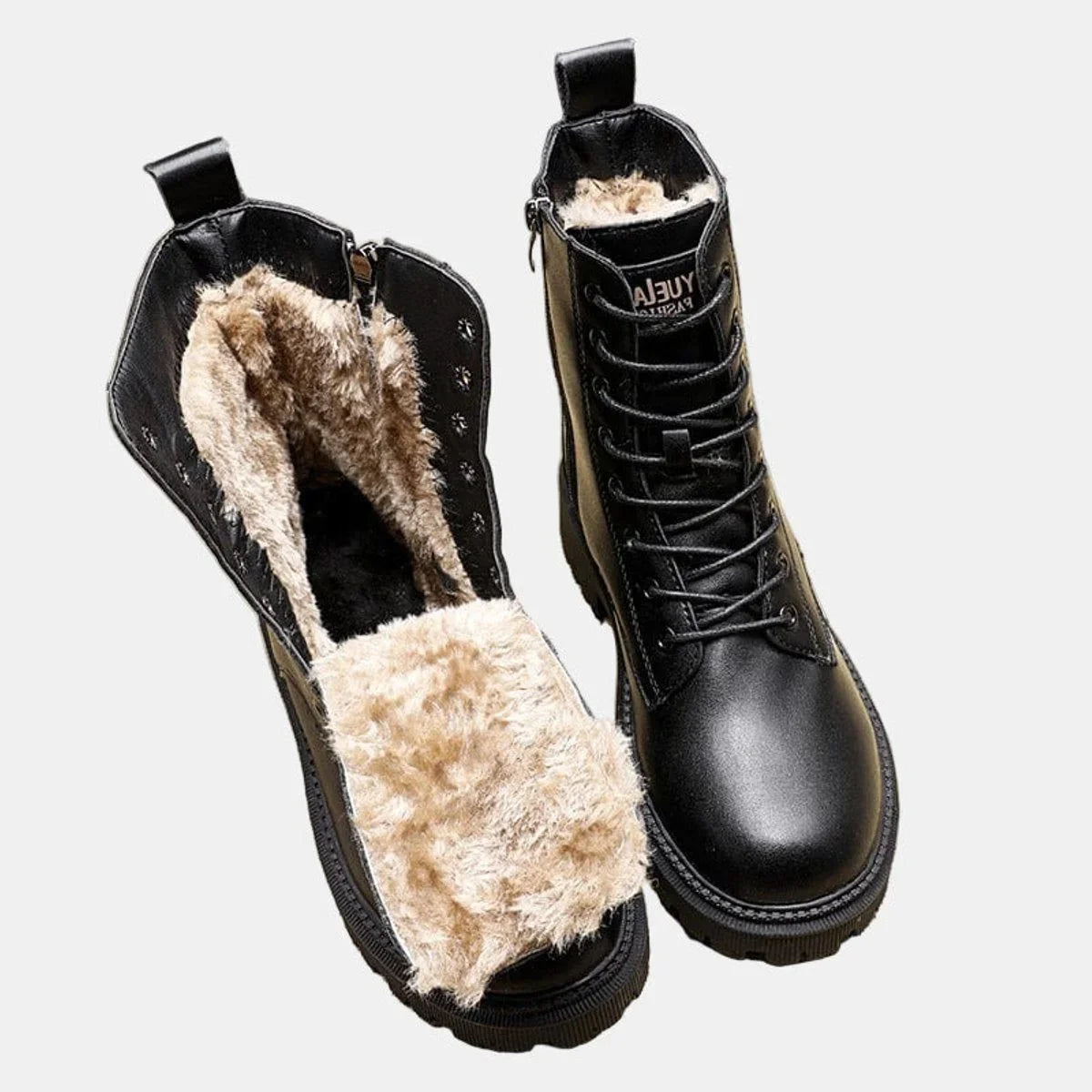 Women's faux leather combat ankle boots with fleece lining – Black