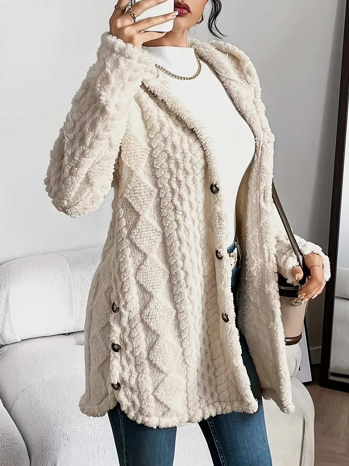 Women's oversized hooded cardigan with plush knit texture – Beige