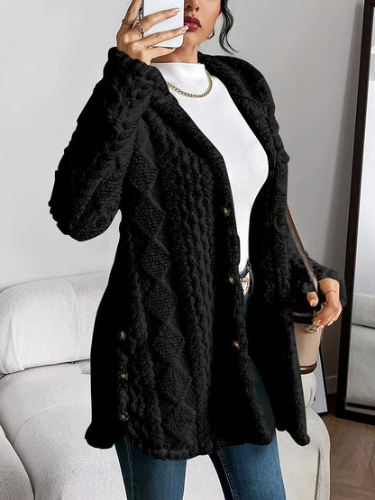 Women's oversized hooded cardigan with plush knit texture – Black