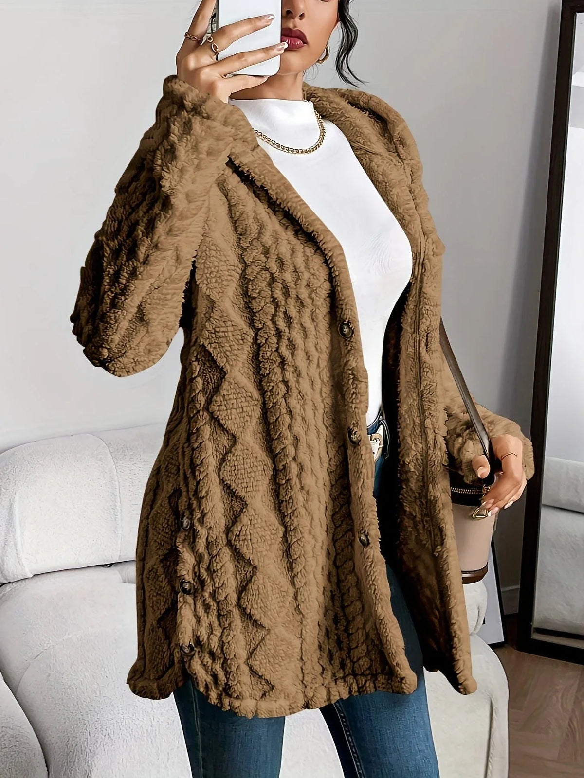 Women's oversized hooded cardigan with plush knit texture – Brown