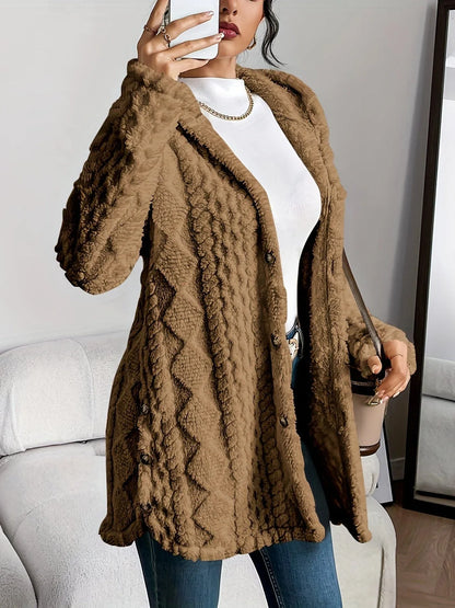 Women's oversized hooded cardigan with plush knit texture – Brown