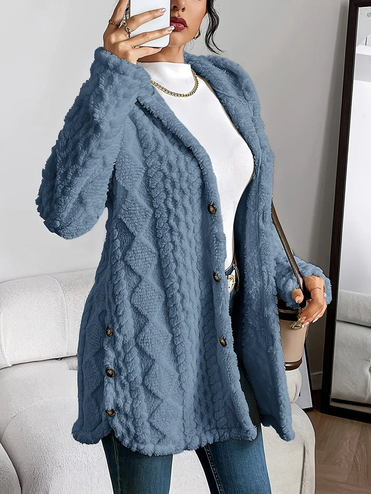Women's oversized hooded cardigan with plush knit texture – Denim Blue