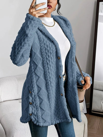 Women's oversized hooded cardigan with plush knit texture – Denim Blue