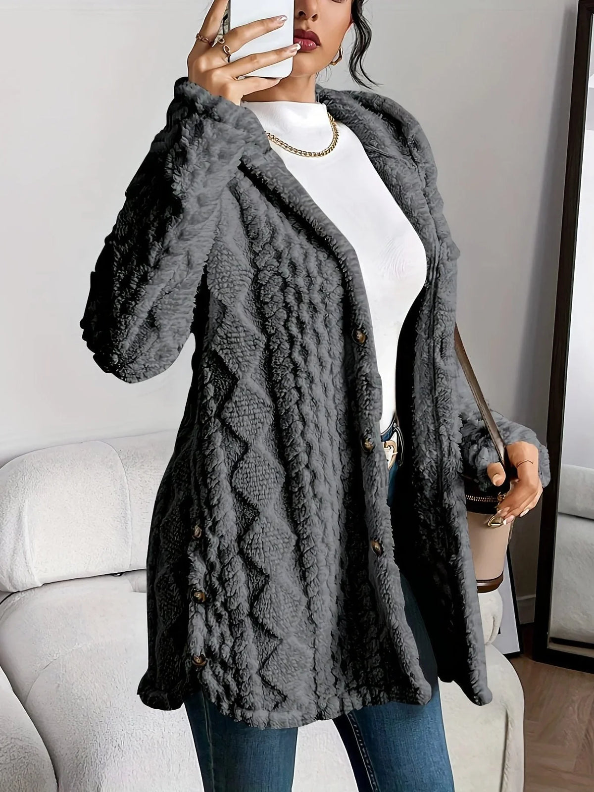Women's oversized hooded cardigan with plush knit texture – Gray
