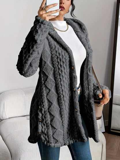 Women's oversized hooded cardigan with plush knit texture – Gray
