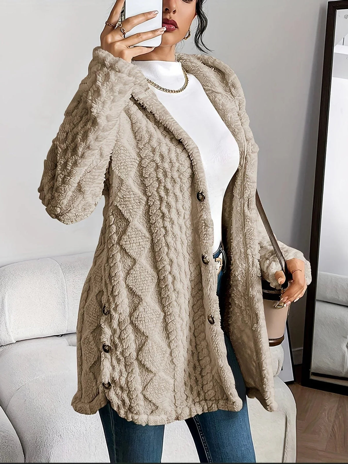 Women's oversized hooded cardigan with plush knit texture – Khaki